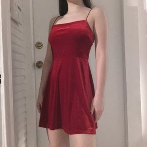 UO straight neck red velvet skater dress